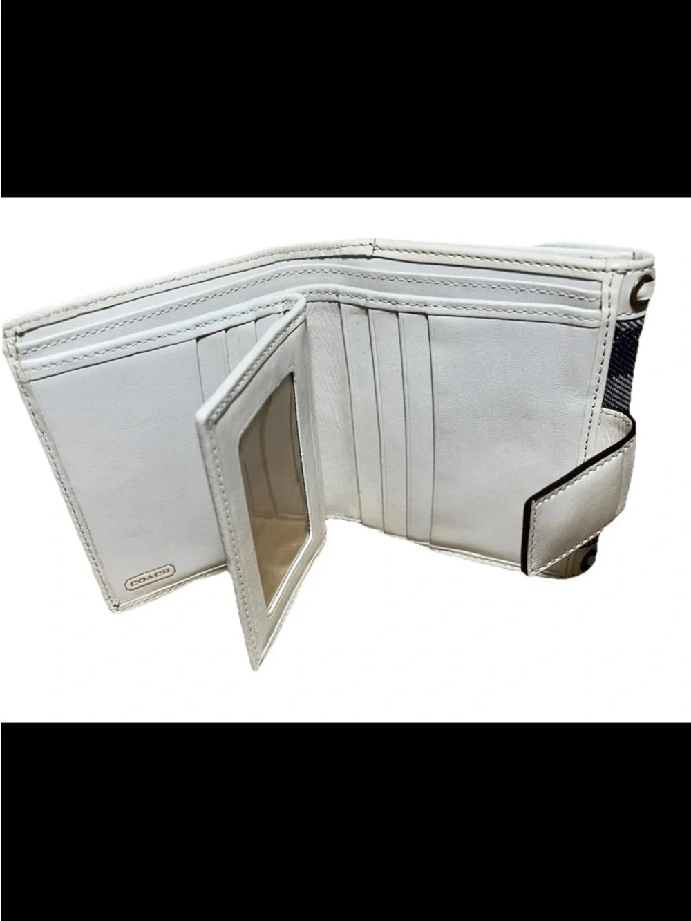 Coach Legacy Bi-Fold Wallet, Signature Denim, White Laced Leather, Brass